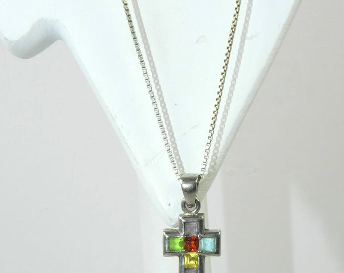 Vintage Cross Multi Color Gemstones 925 Sterling Silver Necklace, cross pendant necklace on 26" chain, vintage 925 jewelry jewellery, gift