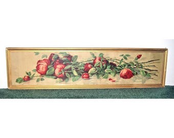 J. Califano American Red Roses Yard Long Framed Signed Antique Victorian Lithograph Print