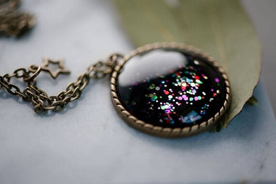 Bronze Universe Necklace - Night Sky - Rainbow Sparkle 30mm Pendant Necklace - Free Postage