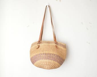 vintage woven and leather sisal shopper market tote shoulder bag 70s