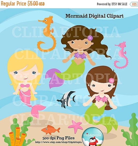 50%OFF SALE Cute Mermaid Digital clipart / Little Mermaid Digital Set for Personal and Commercial Use Il_570xn