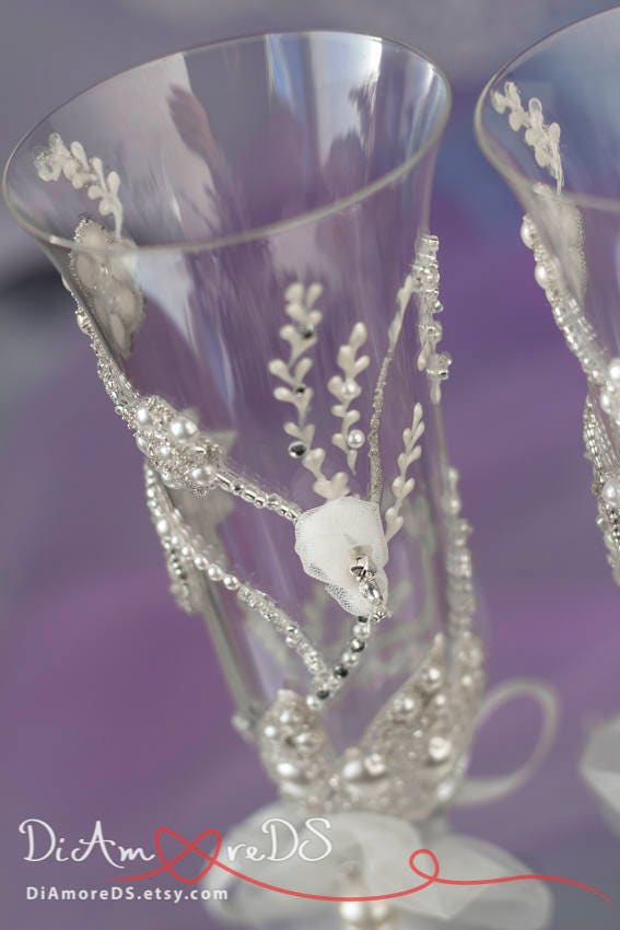 Embroidery wedding champagne flutes pearl rhinestone