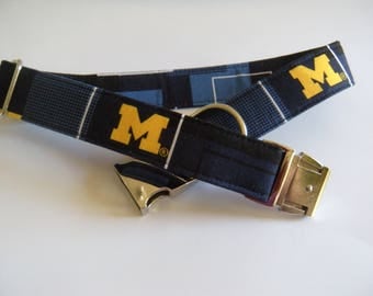 University of Michigan Dog Collar with Metal Buckle - Aluminum Buckle, Puppy, Handmade, Silver Buckle, UofM, Go Blue
