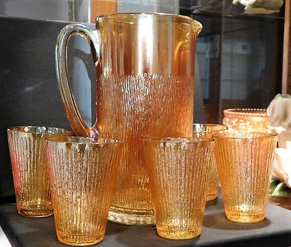 Antique Carnival Glass TREE BARK Pitcher Tumblers Set Marigold 1930s 30s Art Deco Country Farm Farmhouse Cottage Home Decor Wedding Table