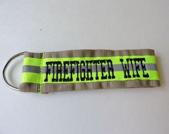 Personalized Firefighter Key chain 1 side personalized embroidered Tan, turnout keychain, firefighter key fob, firefighter gift,bunker gear