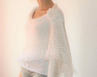 White Silver Wedding Shawl, Bridal Shawl, Bridal Wedding Stole,White Shawl, Hand Knit Shawl, Wedding capelet, Bridesmaid Shawl