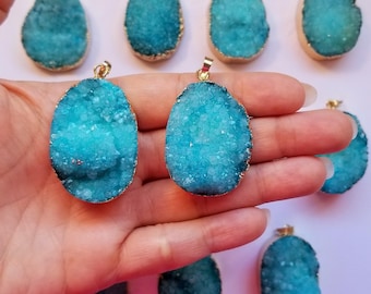 Blue Druzy Pendant - Blue Geode Pendants - DIY Jewelry - Gold Electroplate Druzy Geodes - Jewelry Supplies