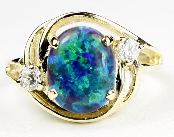 Created Blue Green Opal 14KY Gold Ring R021