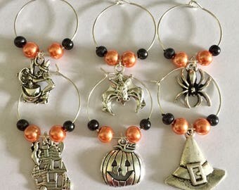Halloween Wine Glass Charms, Spooky Drink Markers, Scary Party, Black Widow Spider, Witches Brew, Bats, Bunco Party Prize, Hostess Gift