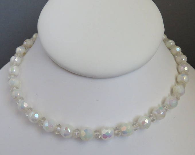 Vintage Crystal Necklace, West Germany Crystal Bead Necklace, White Bead Choker, Bridal Jewelry
