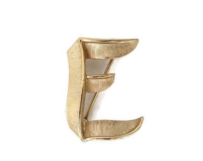 Vintage Initial Brooch, Trifari Monogrammed Brooch, Letter "E" Pin, Matte Gold Pin