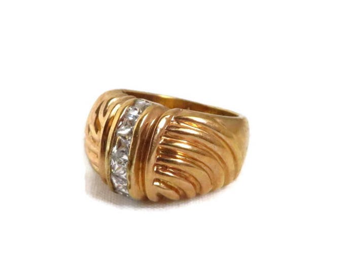 18K Gold Plated Dome Ring, Vintage Rhinestone Studded Swirl Band Cocktail Ring, Size 8