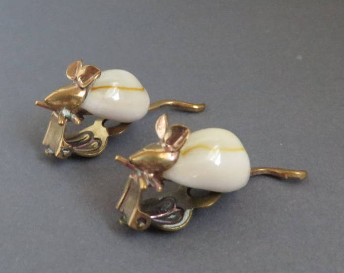 Vintage Mouse Earrings - West Germany Earrings, Natural Shell, Gold Tone Clip-on Earrings, Gift for Her