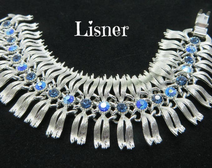 Rhinestone Bracelet, Blue AB Rhinestone Bracelet, Vintage Lisner Egyptian Revival Silver Tone Wide Wavy Link Bracelet