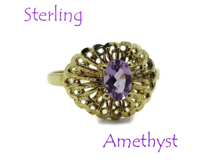 Vintage Amethyst Cocktail Ring, Sterling Silver, Gold Plated Filigree Ring, Size 8.25-8.5