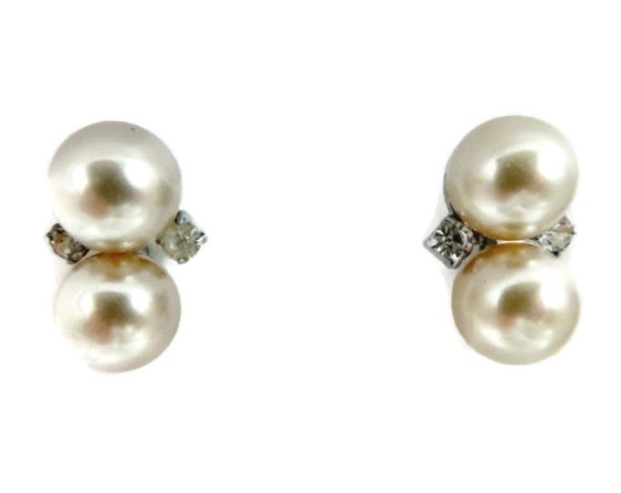Faux Pearl Earrings - Vintage Japan Pearl & Rhinestone Earrings, Silver Tone Screwback Earrings, Gift for Her, Gift Box