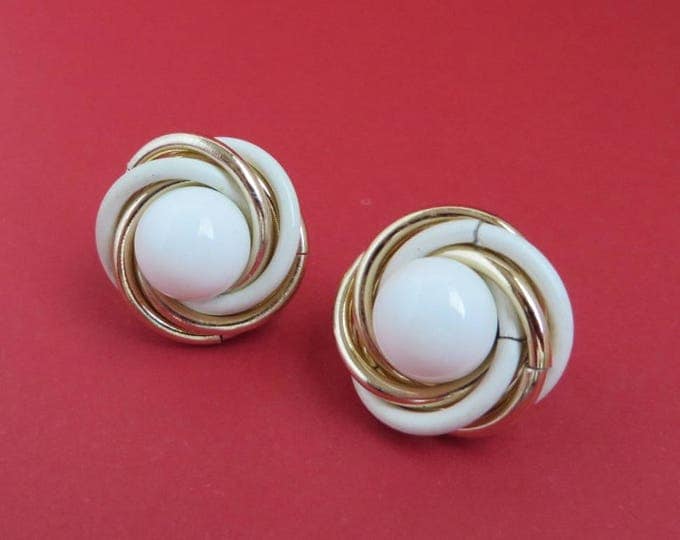 Trifari White Gold Earrings - Vintage Designer Signed Swirl Clip-on Earrings