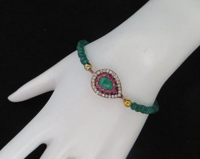 Vintage Emerald Bead Bracelet, Sterling Silver Faux Emerald and Ruby Stretch Beaded Bracelet, Valentine Gift, Gift Boxed