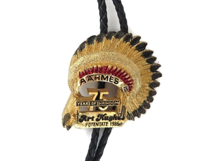 Vintage Black Bolo Tie - AAHMES 75 Years Potentate Bolo, Indian Headdress Pendant, Black Leather Tie, Unique Collector's Tie