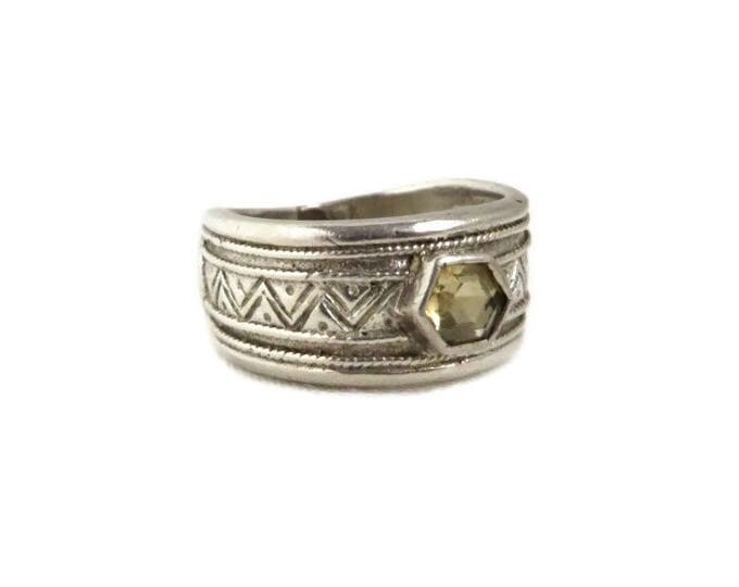 Sterling 925 Etched Ring | Citrine Glass Wide Band Ring | Size 5.5