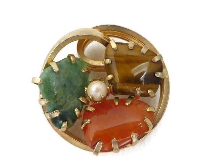 Vintage Faux Jade Brooch, Tiger Eye, Carnelian, Pearl Gold Tone Circle Pin, Estate Jewelry