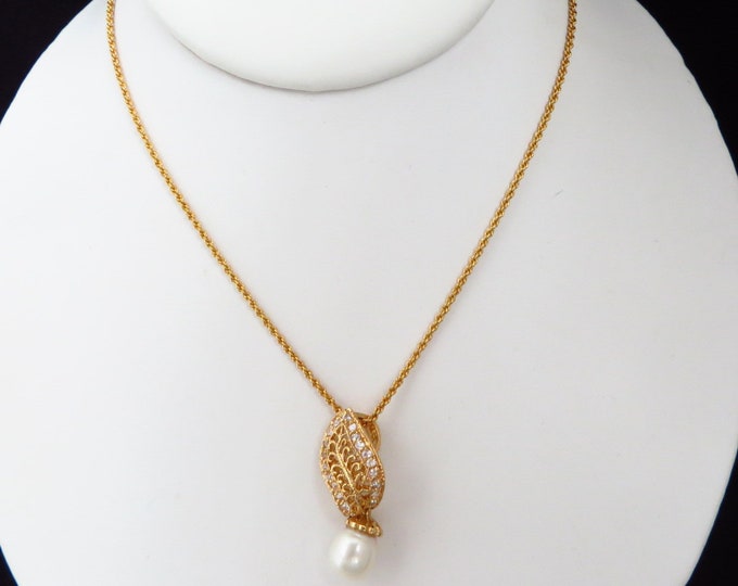 14K GE Faux Pearl Pendant Necklace, Ling Rhinestone Gold Tone Pendant Necklace, Gift for Her