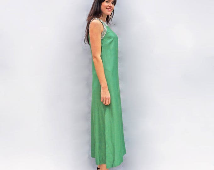 Green Evening Dress, Wedding Guest Dress, Vintage 1960s Maxi Dress, Evening Dress, Sleeveless Dress, Embellished Dress, Formal Dress, Prom