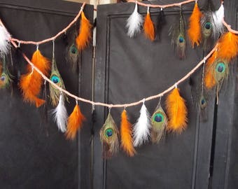 Wreath 2 metres50, no. 9, handmade, marabouts feathers and Peacock feather