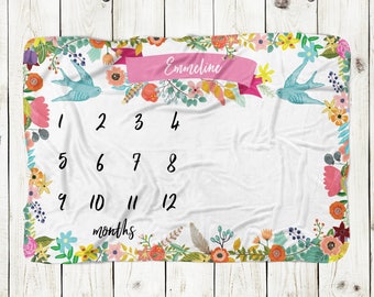 Personalized Monthly Milestone Baby Blanket - baby blanket with colorful flowers, birds, customized, monogram baby blanket, baby girl gift