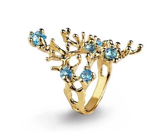 SALE 20% Off - REEF Gold Blue Topaz Ring, Gemstone Ring, Gold Statement Ring, Organic Ring, Blue Topaz Engagement Ring
