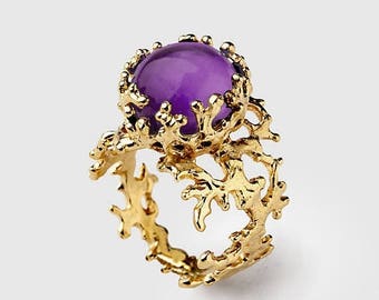 SALE 20% Off - CORAL Yellow Gold Amethyst Ring, Purple Amethyst Ring, Large Amethyst Ring, Purple Amethyst Engagement Ring, Gift for Her, Gi