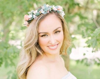 Succulent Flower Crown Coral & Peach - Succulent and Rose Bridal Crown - Succulent Halo - Bridal Hair Piece - Photo Prop