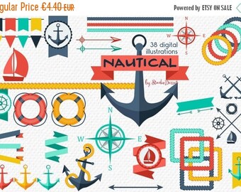 80% OFF - LIMITED TIME - Nautical Cliparts, Summer Digital Clip Art, Marine, Anchor and Rope, Labels, Frames and Borders in Red, Blue and Ye
