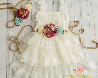 lace flower girl dress-rustic flower girl dress- lace girls dress- lace baby dress- Burlap wedding dress- country flower girl- girls dress