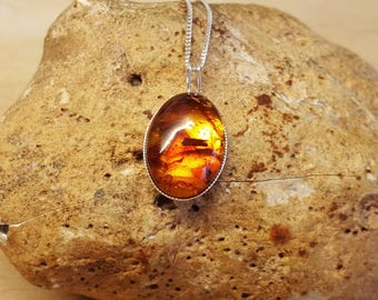 Amber pendant. 925 sterling silver. Yellow Russian pressed amber. Reiki jewelry uk. Fossilised resin 18x13mm