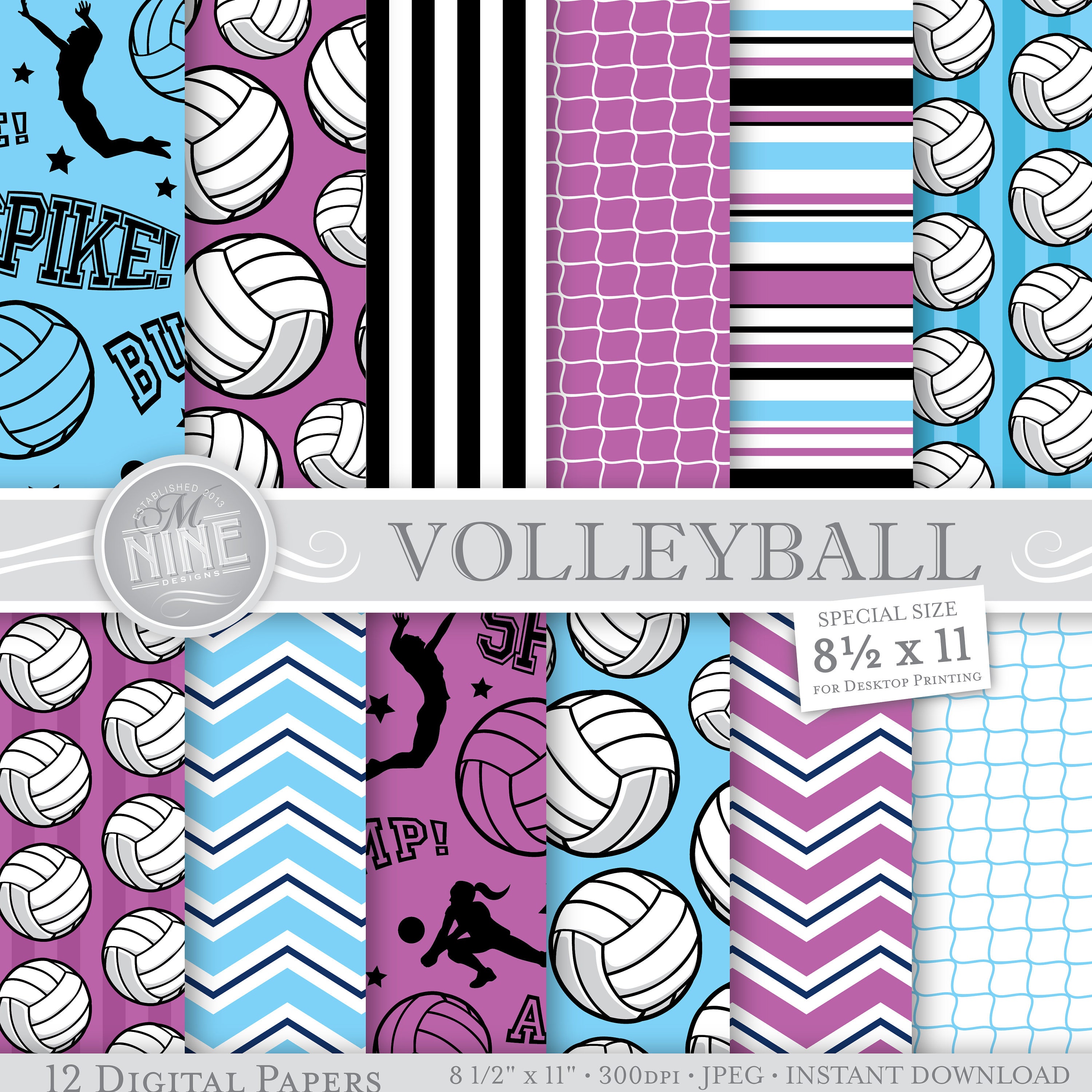 VOLLEYBALL Digital Paper / Volleyball Party Printables / 8 1/2