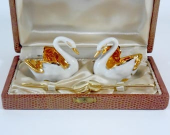 French Vintage Limoges 50s swan salt/pepper servers with little spoons. French vintage