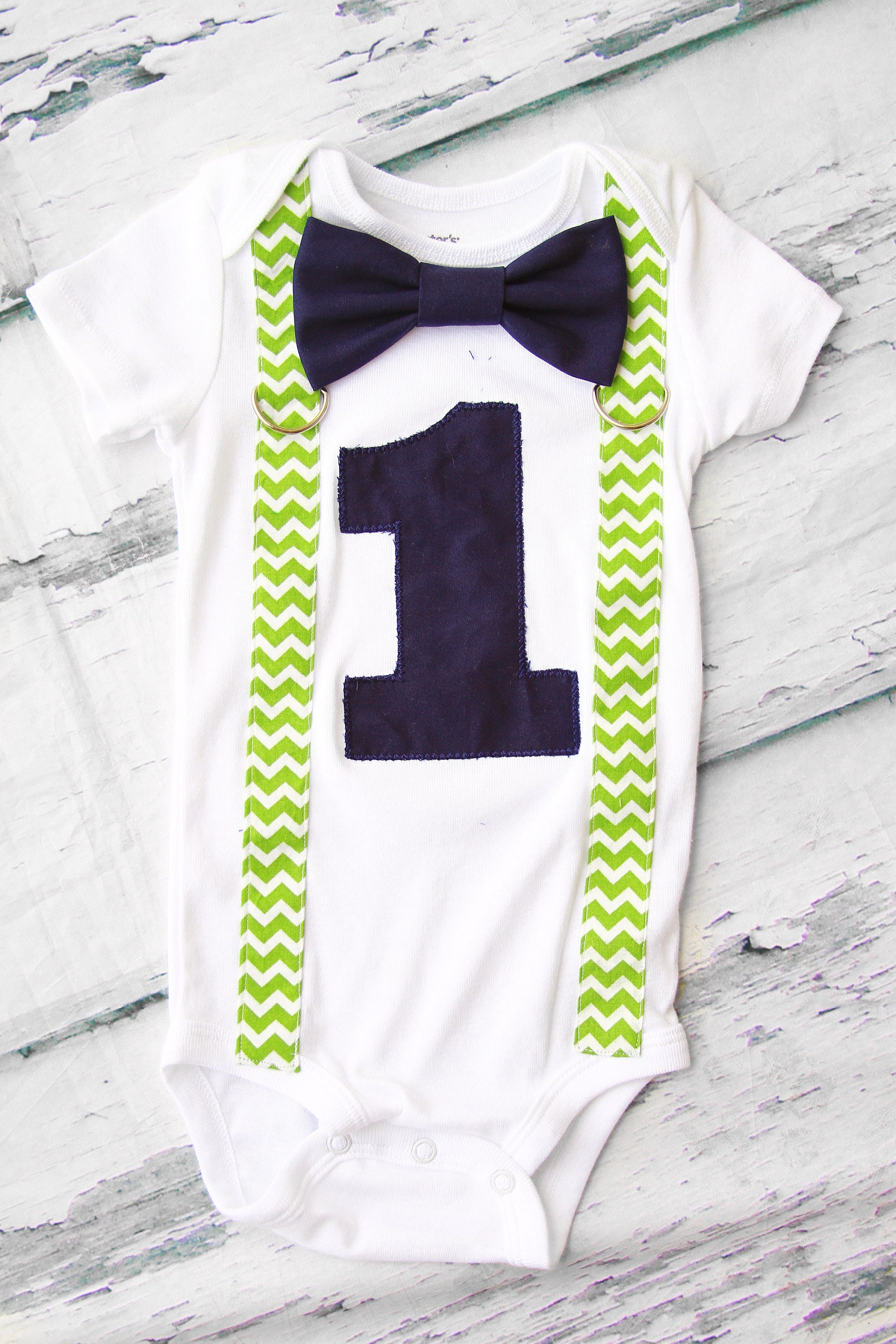 Baby boy Navy green number 1 with chevron suspenders with navy