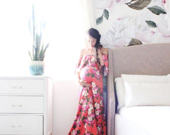 Maternity dress long fitted maternity gown babyshower dress bohemian floral print - The Floral Love Flounce-kauai
