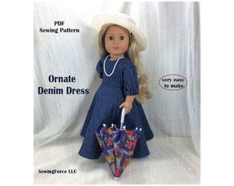 18 inch doll clothes Pattern dress American girl doll clothes pattern dress - Ornate Denim Dress - PDF sewing pattern - instant download