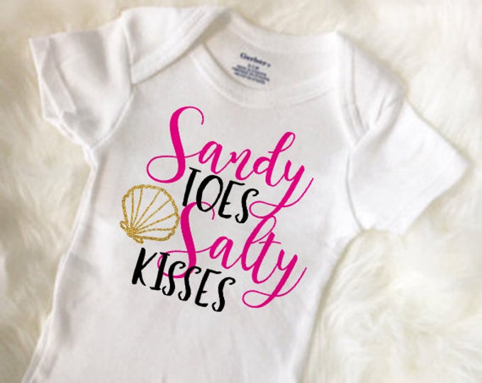Sandy Toes and Salty Kisses Baby Onesie®, Summer Baby Outfit, Baby Shirt, Pink with Gold Glitter Onesie®, Baby Shower Gift, Summer shirt