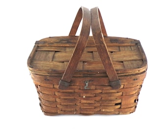 Vintage 1940's Oak & Ash Picnic Basket, Vintage Small Split Oak Weave Picnic Basket, Bent Wood Handle