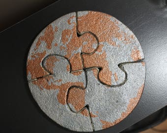 World map, circle puzzle piece set of 4 cup coasters, concrete, cement, puzzle piece globe coasters, statement piece, earth map,round puzzle