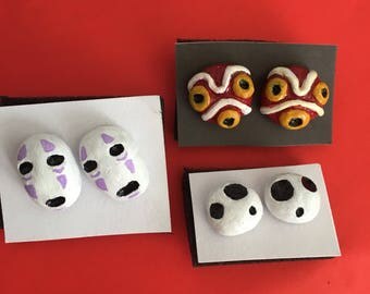 Studio Ghibli inspired earrings. No face, princess mononoke mask and kodama tree spirit