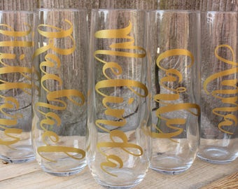 Set of 8 Personalized Champagne Flutes //Bridesmaids Gift // Monogrammed Stemless Champagne Flute // Champagne Glass