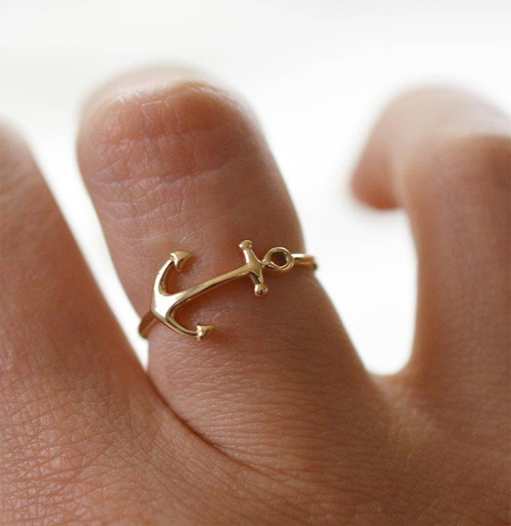 Nautical jewelry gold anchor ring 10K solid gold anchor midi