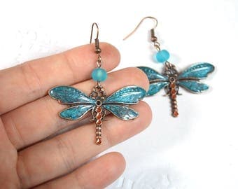 earrings dragonflies jewelry blue gift for girlfriend Earrings beads boho earrings birthday gift for her nature jewelry tribal gift rustic