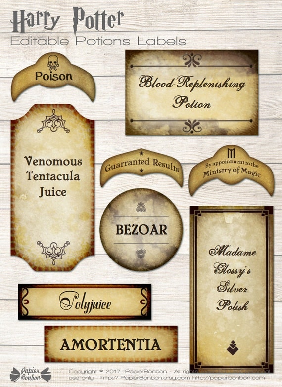 Harry Potter editable potions labels printable wizard tags