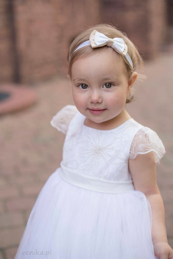Tulle christening gown with gold lace with headband off white