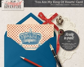 King Of Hearts Printable Card, Digital Printable Postcard, You Are My King Of Hearts, For Him, Instant Download, Vintage Style Crown, Banner